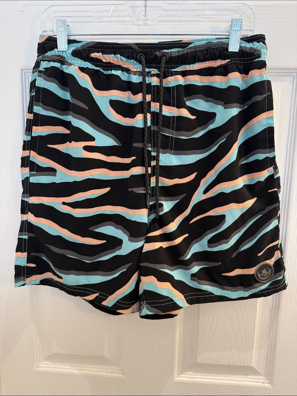 NWOT Neff Black Swim Trunks with Aqua & Peach Wave Stripes Size Large
